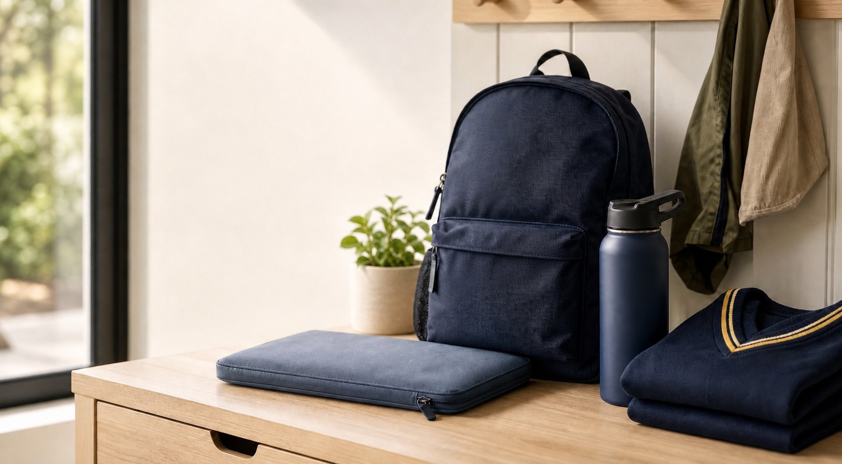 School bag, drink bottle, jumper, and laptop sleeve ready for the school day.